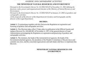 Decision No.05/2004/QD-BTNMT of May 4, 2004 promulgating the regulation on registration and licensing of geodesic and cartographic activities