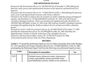 Decision No. 45/2004/QD-BTC of  May 6, 2004 amending the preferential import tax rates for clinker commodity items