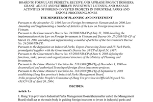 Decision No. 429/2004/QD-BKH of May 6, 2004 authorizing hung yen province's industrial parks management board to formulate projects; receive and appraise project dossiers; grant, adjust and withdraw investment licenses, and manage activities of foreign-invested projects in industrial parks and export-processing zones