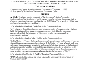 Decision No. 79/2004/QD-TTg of May 11, 2004 adjusting a number of contents of The Government's action program for implementation of the resolution of the 9th plenum of the party central committee, the IXth congress, promulgated together with Decision No. 51/2004/QD-TTg of March 31, 2004
