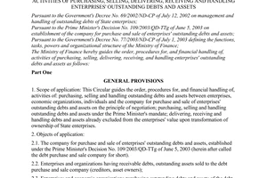 Circular No. 39/2004/TT-BTC of May 11, 2004 guiding the order, procedures for, and financial handling of, activities of purchasing, selling, delivering, receiving and handling enterprises' outstanding debts and assets