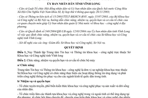 Quyết định 1221/2004/QĐ.UB thành lập trung tâm tin học thông tin khoa học công nghệ Vĩnh long