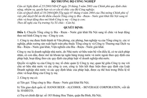 Quyết định 36/2004/QĐ-BCN chuyển Tổng cổng công ty Bia - Rượu - Nước giải khát Hà Nội tổ chức hoạt động mô hình Công ty mẹ con