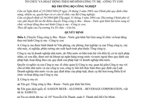 Quyết định 37/2004/QĐ-BCN  chuyển Tổng công ty Bia - Rượu - Nước giải khát Sài Gòn sang tổ chức hoạt động mô hình Công ty mẹ con