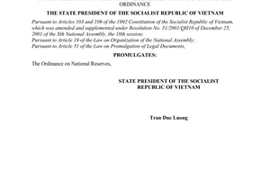Order No. 05/2004/L-CTN of May 12, 2004, promulgating The National Assembly Standing Committee's Ordinance on National Reserves.