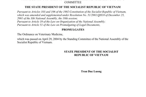 Order No. 06/2004/L-CTN of May 12, 2004, promulgating The National Assembly Standing Committee's Ordinance on Veterinary Medicine.