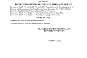 Order No. 07/2004/L-CTN of May 12, 2004, promulgating The National Assembly Standing Committee's Ordinance on Militia and Self-Defense Force.