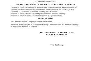 Order No.08/2004/L-CTN of May 12, 2004 on promulgation of The Ordinance of The National Assembly Standing Committee