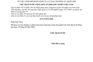 Lệnh công bố Pháp lệnh Thú y 06/2004/L-CTN