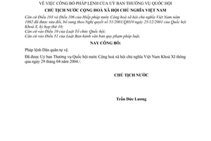 Lệnh công bố Pháp lệnh Dân quân tự vệ 07/2004/L-CTN