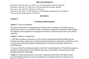 Decree of Government No. 120/2004/ND-CP of May 12, 2004 on management of prices of human-use preventive and curative medicines