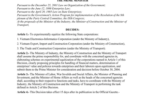 Decision No. 84/2004/QD-TTg of May 13, 2004 experimentally equitizing a number of state corporations