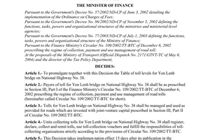 Decision No. 46/2004/QD-BTC of May 13, 2004 promulgating the toll levels for Yen Lenh bridge on national highway No. 38