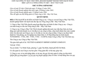 Quyết định 86/2004/QĐ-TTg thí điểm tổ chức, hoạt động mô hình Công ty mẹ  con tại Công ty May Việt Tiến