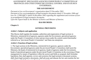Decree of Government No.122/2004/ND-CP of May 18, 2004, regulating the mandate and authorities of legal sections within ministries, ministerial-level agencies, institutions under Government, specialized agencies under People’s Committees of provinces and cities under the central control and state-run enterprises