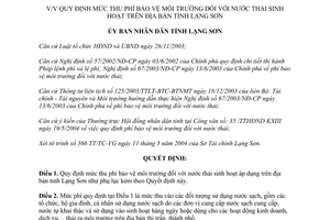 Quyết định số 31/2004/QĐ-UB mức thu Phí bảo vệ môi trường nước thải sinh hoạt Lạng Sơn