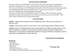 Decision No. 11/2004/QD-BTS of May 21, 2004 approving the program on enhancing the work of law dissemination and education in the fisheries sector