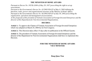 Decision No.40/2004/QD-BNV of May 21, 2004 approving the charter of Vietnam association of foreign-invested enterprises