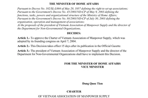 Decision No.41/2004/QD-BNV of May 21, 2004 approving the charter of The Vietnam association of manpower supply