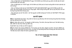 Quyết định 149/2004/QĐ-UB ký quỹ phục hồi môi trường khai thác khoáng sản Yên Bái