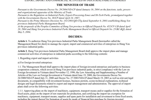 Decision No.634/2004/QD-BTM of May 24, 2004 authorizing hung yen provinces industrial parks management board to manage export, import and commercial activities of industrial-park enterprises