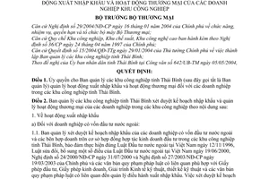 Quyết định 635/2004/QĐ-BTM ủy quyền Ban quản lý khu công nghiệp tỉnh Thái Bình quản lý hoạt động XNK, thương mại các doanh nghiệp