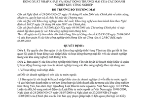 Quyết định 634/2004/QĐ-BTM ủy quyền BQL Khu công nghiệp Hưng Yên quản lý hoạt động XNK thương mại doanh nghiệp