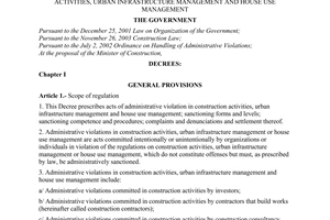 Decree of Government No.126/2004/ND-CP of May 26, 2004 on the sanctioning of administrative violations in construction activities, urban infrastructure management and house use management