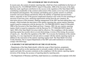 Directive No. 05/2004/CT-NHNN of May 27, 2004, on the enhancement of the quality of statistic reports in banking area