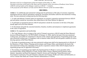 Decision No. 96/2004/QD-TTg of May 31, 2004 establishing the inter-ministerial working team for economic cooperation agreements between ASEAN and partners outside the association