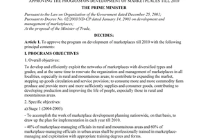 Decision No. 559/QD-TTg of May 31, 2004 approving the program on development of marketplaces till 2010