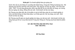 Công văn  2512 BTM/VP  Trung tâm Thông tin Thương mại xuất bản cuốn Niên giám " Xây dựng & Vật liệu xây dựng Việt Nam” 2004 - 2005