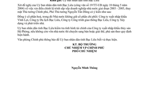 Công văn  2734/VPCP-ĐMDN  điều chỉnh Phương án tổng thể sắp xếp doanh nghiệp nhà nước tỉnh Bạc Liêu