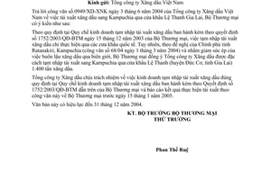 Công văn 2983/TM-XNK  tạm nhập tái xuất xăng dầu sang Campuchia