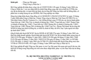 Công văn 2997/CV-NLDK  xác nhận thiết bị chính Hợp đồng thiết bị toàn bộ dự án đường xây và trạm biến áp