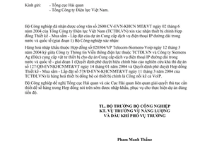 Công văn  2999/CV-NLDK  xác nhận thiết bị chính hợp đồng thiết bị toàn bộ