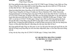 Công văn  3053/CV-NLDK  xác nhận thiết bị chính dự án thuỷ điện Sê San 3