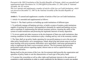 Law No. 20/2004/QH11 of June 15, 2004 amending and supplementing a number of articles of The Law on credit institutions