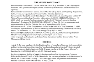 Decision No. 53/2004/QD-BTC of June 15, 2004 re-adjust the preferential import tax rates for a number of iron and steel commodities