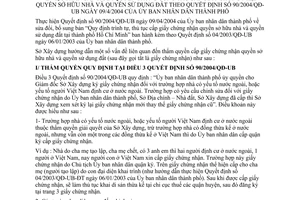 Hướng dẫn 2396/HD-XD-CCQNĐ phân cấp thẩm quyền công tác cấp giấy chứng nhận quyền sở hữu nhà đất Quyết định 90/2004/QĐ-UB