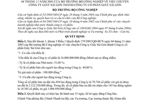 Quyết định 50/2004/QĐ-BCN chuyển Công ty Giầy Sài Gòn thành Công ty cổ phần sửa đổi 179/2003/QĐ-BCN