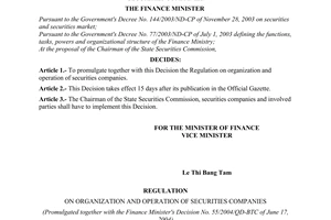 Decision No. 55/2004/QD-BTC of June 17, 2004 promulgating the regulation on organization and operation of securities companies