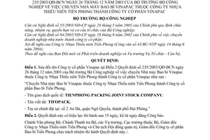Quyết định 52/2004/QĐ-BCN  chuyển Nhà máy Bao bì Vinapac thành Công ty cổ phần Vinapac sửa đổi 235/2003/QĐ-BCN