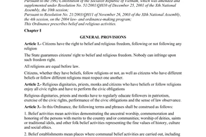 Ordinance No.21/2004/PL-UBTVQH11 of June 29, 2004 on beliefs and religions