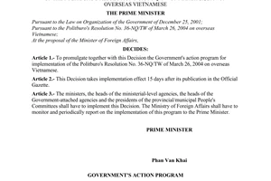 Decision No. 110/2004/QD-TTg of June 23, 2004 promulgating the government's action program for implementation of The Politburo's Resolution No. 36-NQ/TW of March 26, 2004 on overseas Vietnamese