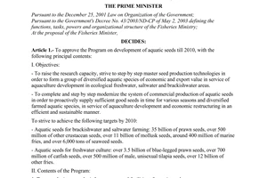 Decision No. 112/2004/QD-TTg of June 23, 2004 approving the program on development of aquatic seeds till 2010