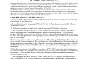 Circular No.61/2004/TT-BTC of June 23, 2004 amending and supplementing a number of points of The Finance Ministry's Circular No. 86/1999/TT-BTC of July 8, 1999 which guides the disbursement of, and the financial mechanism applicable to, Poland's credit capital for the program on development Of Vietnam's Shipbuilding Industry