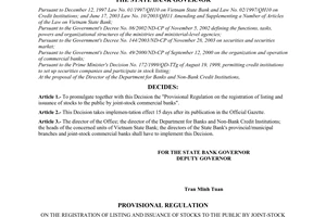 Decision No.787/2004/QD-NHNN of June 24, 2004 promulgating the provisional regulation on the registration of listing and issuance of stocks to the public by joint-stock commercial banks