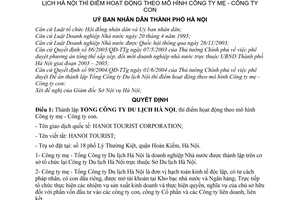 Quyết định 102/2004/QĐ-UB thành lập Tổng Công ty Du lịch Hà Nội thí điểm hoạt động mô hình Công ty mẹ con