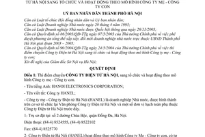 Quyết định 104/2004/QĐ-UB thí điểm chuyển Công ty Điện tử Hà Nội sang tổ chức hoạt động mô hình Công ty mẹ con